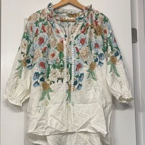 Kaktus White Floral Linen Blouse with Multicolor Prints linen size Large